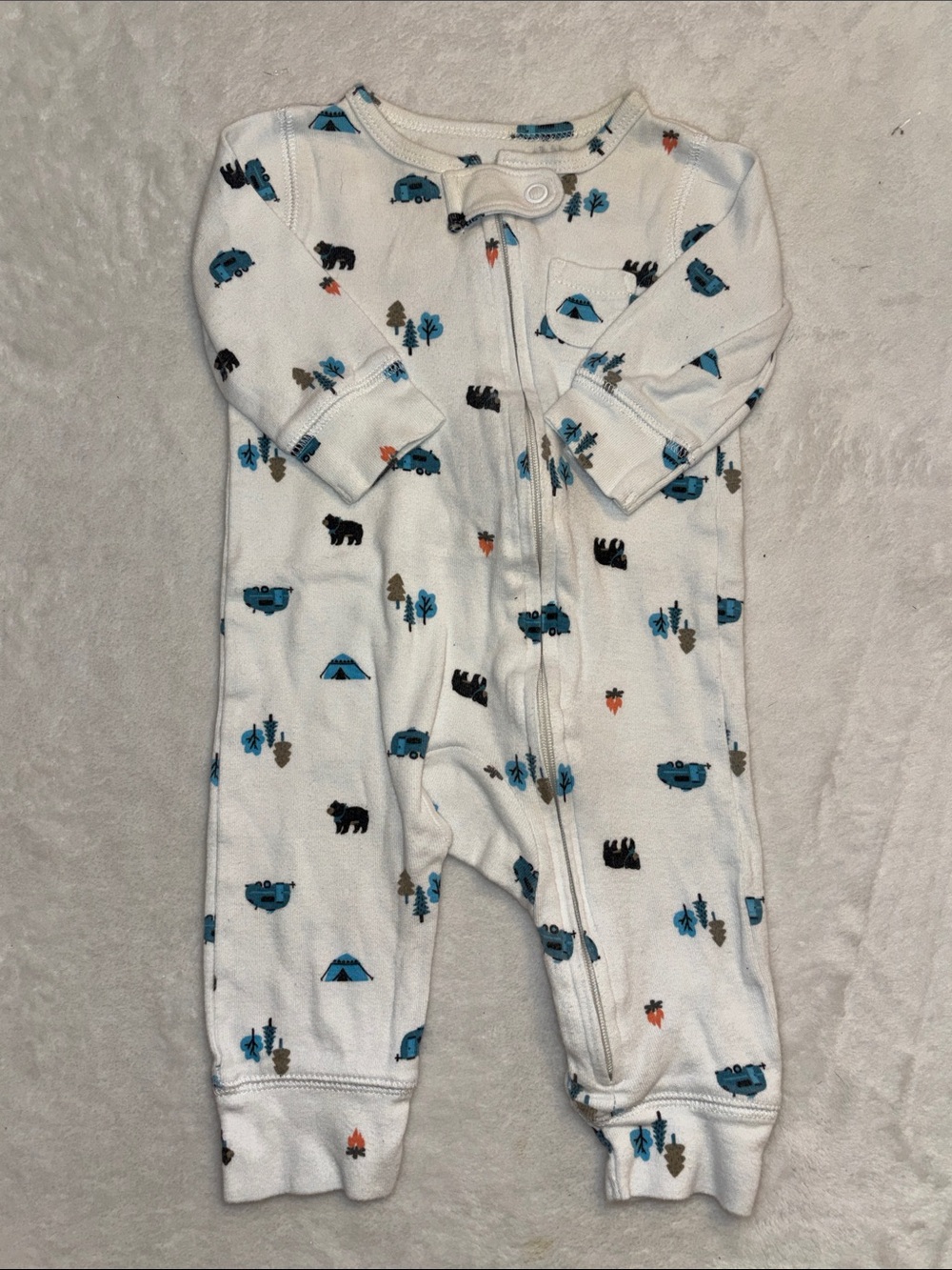 (2 for $10) Cozy White Baby One-Piece Footie sleeper with Blue Camping Print